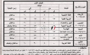 جدول امتحانات الصف الأول الاعدادي محافظة البحيرة للفترة الصباحية و المسائية 2019