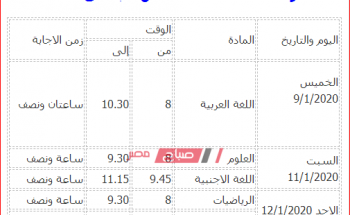 جدول امتحانات المرحلة الابتدائية محافظة الغربية 2020