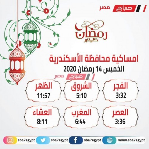 موعد الافطار واذان المغرب اليوم الرابع عشر من رمضان 2020 في محافظة الإسكندرية