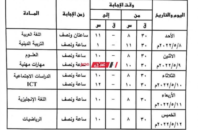 جدول امتحانات المرحلة الابتدائية الترم الثاني 2022 محافظة القليوبية  وزارة التربية والتعليم
