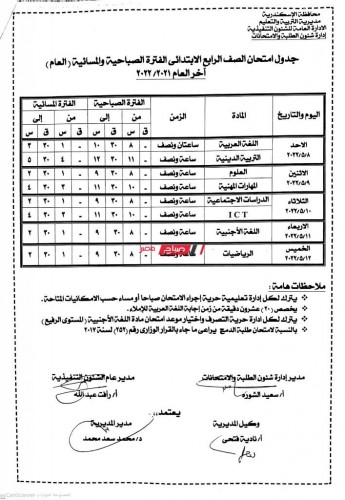 الآن جدول امتحانات المرحلة الابتدائية محافظة الإسكندرية الترم الثاني 2022 رسمياً