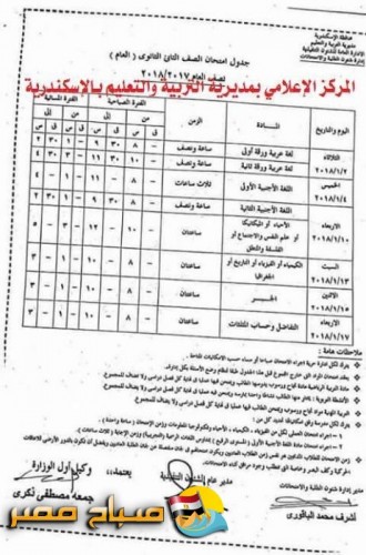 جداول امتحانات المرحلة الثانوية الفصل الدراسي الاول 2017-2018 محافظة الاسكندرية