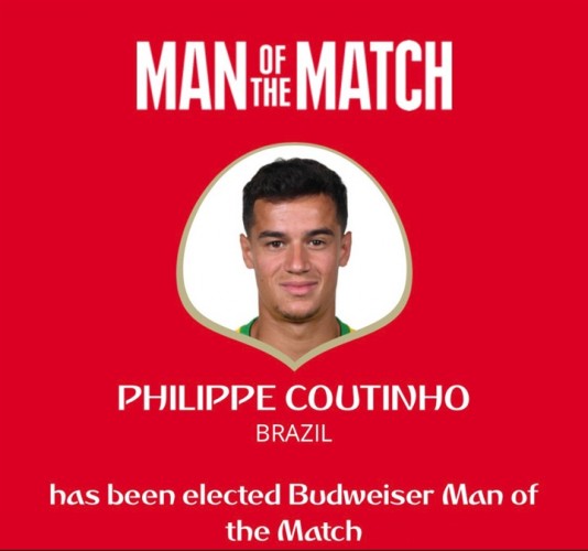 الفيفا يختار كوتينيو أفضل لاعب في مباراة البرازيل وسويسرا