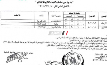 جدول امتحانات المرحلة الابتدائية محافظة الفيوم الفصل الدراسي الأول لعام 2019