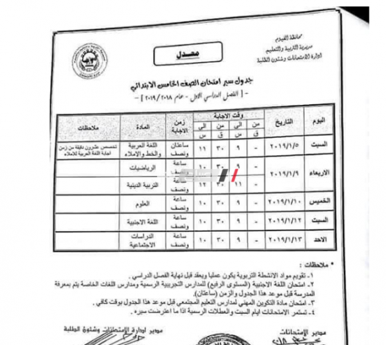 جدول امتحانات الصف الخامس الابتدائي لمحافظة الفيوم بعد التعديل 2019