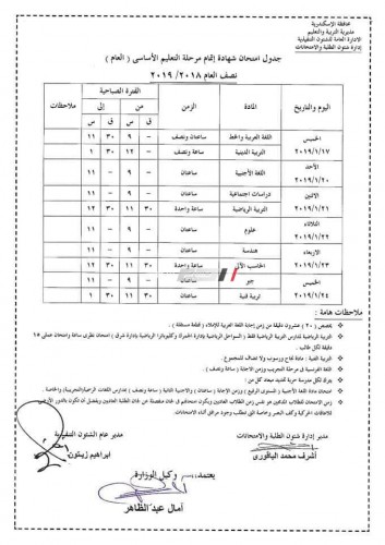 جدول امتحانات الصف الثالث الاعدادي لمحافظة الاسكندرية 2019 نصف العام