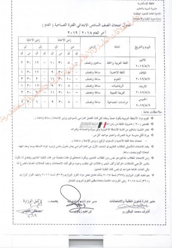 جدول امتحان الصف السادس الابتدائي الترم الثاني محافظة الاسكندرية 2019