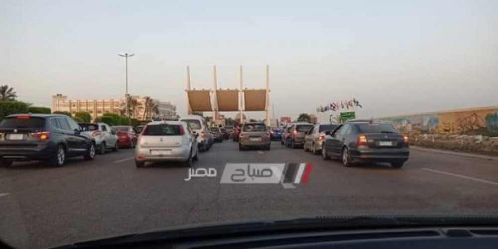 بالصورة تكدس السيارات على البوابة الالكترونية لدخول مدينة رأس البر