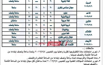 جدول امتحان الدور الثانى للصف الاول والثاني الإعدادي المهني محافظة البحيرة