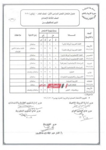 جدول امتحانات الترم الأول جميع المراحل النور للمكفوفين محافظة المنوفية 2019/2020