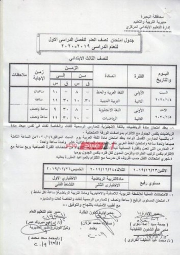 جدول امتحانات الترم الأول جميع المراحل محافظة البحيرة 2019-2020