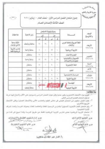 جدول امتحانات الترم الأول جميع المراحل محافظة المنوفية 2019/2020