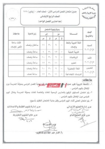 جدول امتحانات المرحلة الإبتدائية محافظة المنوفية الترم الأول 2019/2020