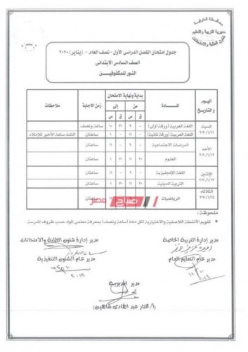 جدول امتحانات المرحلة الابتدائية النور للمكفوفين محافظة المنوفية الترم الأول 2019/2020