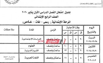 جدول امتحانات الشهادة الابتدائية الترم الاول محافظة بورسعيد