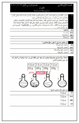 نموذج امتحان الكيمياء للصف الأول الثانوي نصف العام 2019 – 2020 (نماذج الوزارة الاسترشادية)