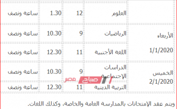 جدول امتحانات محافظة بنى سويف الشهادة الإبتدائية 2020
