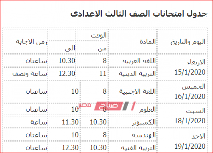 جدول امتحانات المرحلة الاعدادية 2020 محافظة الأقصر