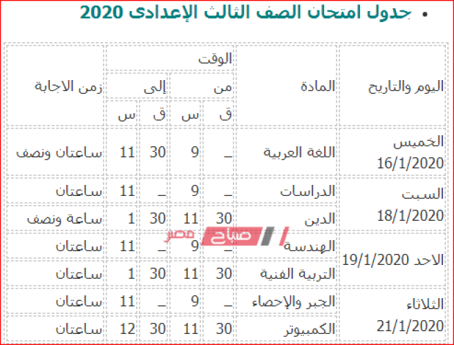جدول امتحانات المرحلة الاعدادية محافظة الغربية 2020