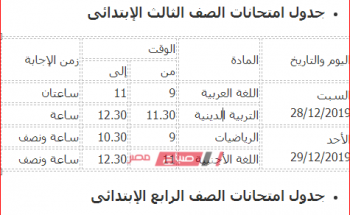 جدول امتحانات محافظة بنى سويف المرحلة الإبتدائية 2020