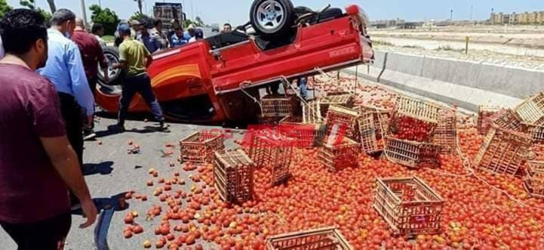 بالصور انقلاب سيارة محملة بطماطم على طريق مدينة دمياط الجديدة