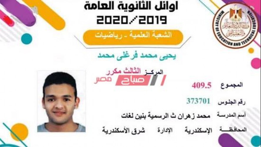 أسماء أوائل الثانوية العامة 2020 فى محافظة الإسكندرية