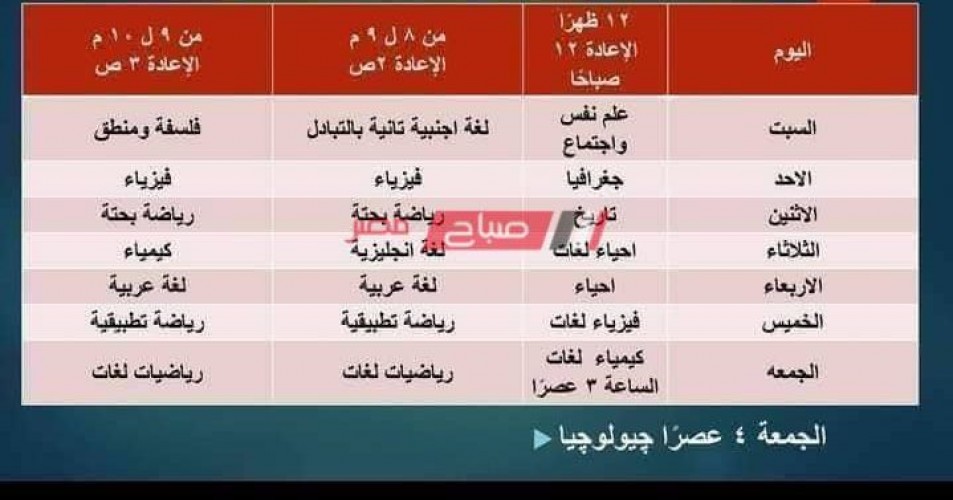جدول قناة مصر التعليمية 2021 للصف الثالث الثانوي
