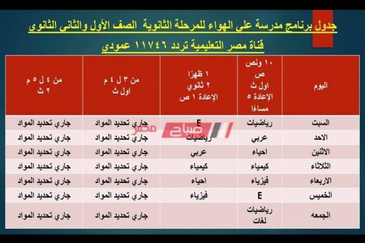 جدول قناة مصر التعليمية للتعليم الأساسي 2021
