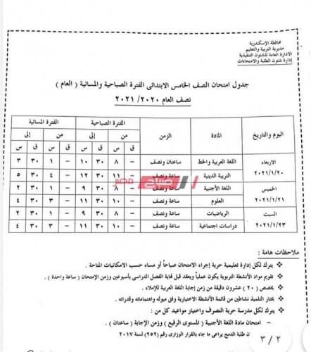 جدول امتحانات محافظة الإسكندرية الترم الأول 2021 المرحلة الابتدائية