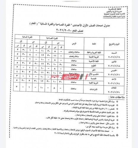 جداول امتحانات الترم الأول 2020-2021 محافظة الإسكندرية المرحلتين الابتدائية والاعدادية