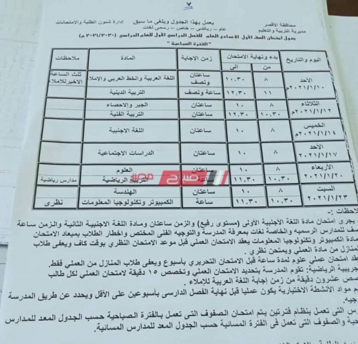 المعدل – جدول امتحانات الترم الأول 2021 محافظة الأقصر طبقاً للكتاب الدوري