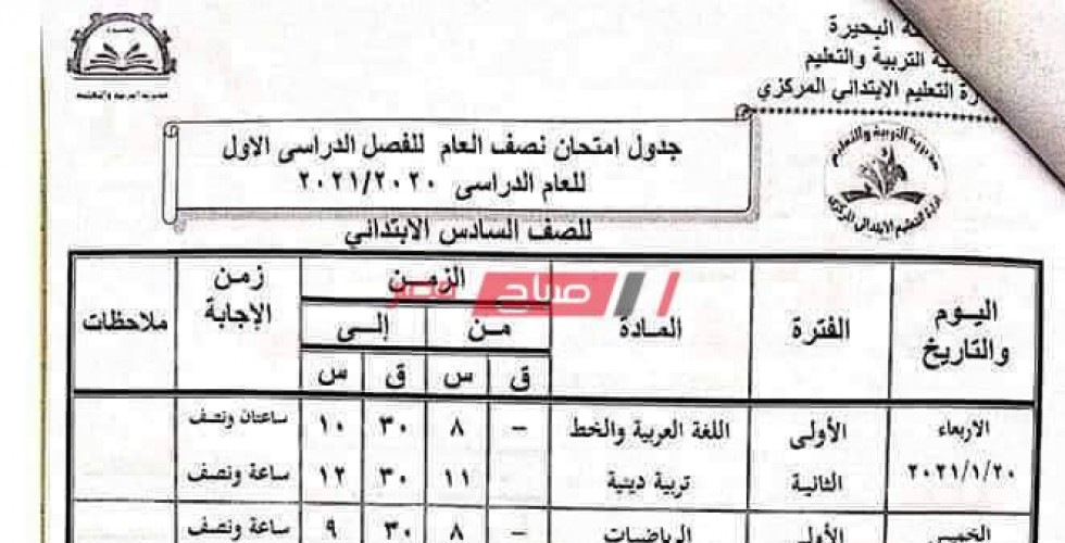 جدول امتحانات الصف السادس الابتدائي محافظة البحيرة الترم الأول 2021