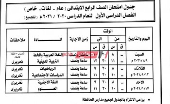جدول امتحانات محافظة أسوان الابتدائي الترم الأول 2021 وزارة التربية والتعليم