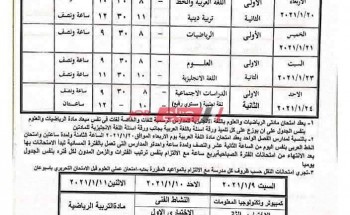 اليكم جدول امتحانات محافظة البحيرة المرحلة الابتدائية الترم الأول 2021