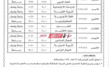 جدول امتحانات محافظة الغربية المرحلة الإعدادية الترم الأول 2021