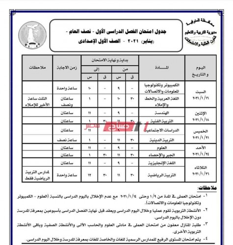 رسمياً جدول امتحانات محافظة المنوفية الترم الأول 2021 لطلاب صفوف النقل والشهادة الإعدادية