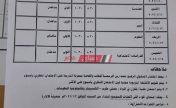 جدول امتحانات محافظة جنوب سيناء الترم الأول 2021 جميع صفوف النقل والشهادة الاعدادية