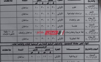 جدول امتحانات نصف العام المرحلة الابتدائية محافظة مطروح 2021
