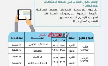 جدول دخول الصف الأول الثانوي على منصة الامتحان حسب المحافظة وزارة التربية والتعليم