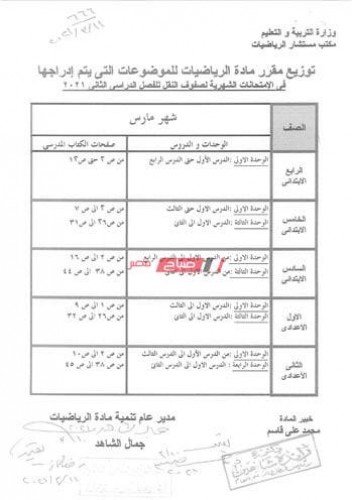 توزيع مناهج الترم الثاني ٢٠٢١ للمرحلة الاعدادية وزارة التربية والتعليم