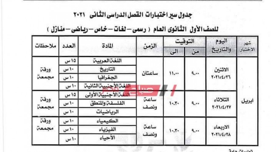 جدول امتحانات الصف الأول الثانوي محافظة بورسعيد اختبارات الترم الثاني 2021 شهري أبريل ومايو