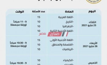 جدول امتحانات أولى ثانوى 2021 الترم الثاني شهري أبريل ومايو وزارة التربية والتعليم