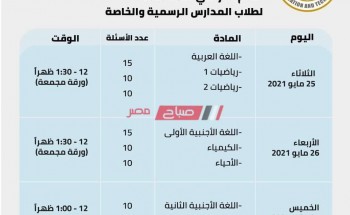 جدول امتحانات الصف الثاني الثانوي 2021 الترم الثاني وزارة التربية والتعليم