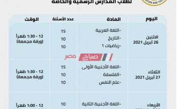 جدول امتحانات الصف الثاني الثانوي الترم الثاني 2021 الشهرية رسمياً وزارة التربية والتعليم