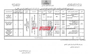 توزيع منهج اللغة العربية الترم الثاني 2021 للصف الأول الاعدادي مارس وأبريل ومايو