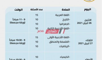 جدول امتحانات الصف الأول الثانوي الترم الثاني 2021 رسمياً من وزارة التربية و  التعليم