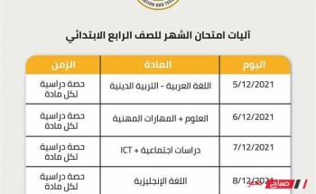 جدول امتحانات الصف الرابع الابتدائي لشهري أكتوبر ونوفمبر 2022 وزارة التربية والتعليم