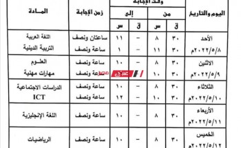 جدول امتحانات المرحلة الابتدائية الترم الثاني 2022 محافظة القليوبية  وزارة التربية والتعليم