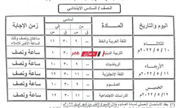 جدول امتحانات المرحلة الابتدائية محافظة شمال سيناء الترم الثاني 2022 وزارة التربية والتعليم