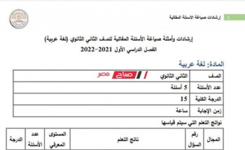 مواصفات امتحان الصف الثاني الثانوي 2022 الترم الثاني رسمياً من وزارة التربية والتعليم